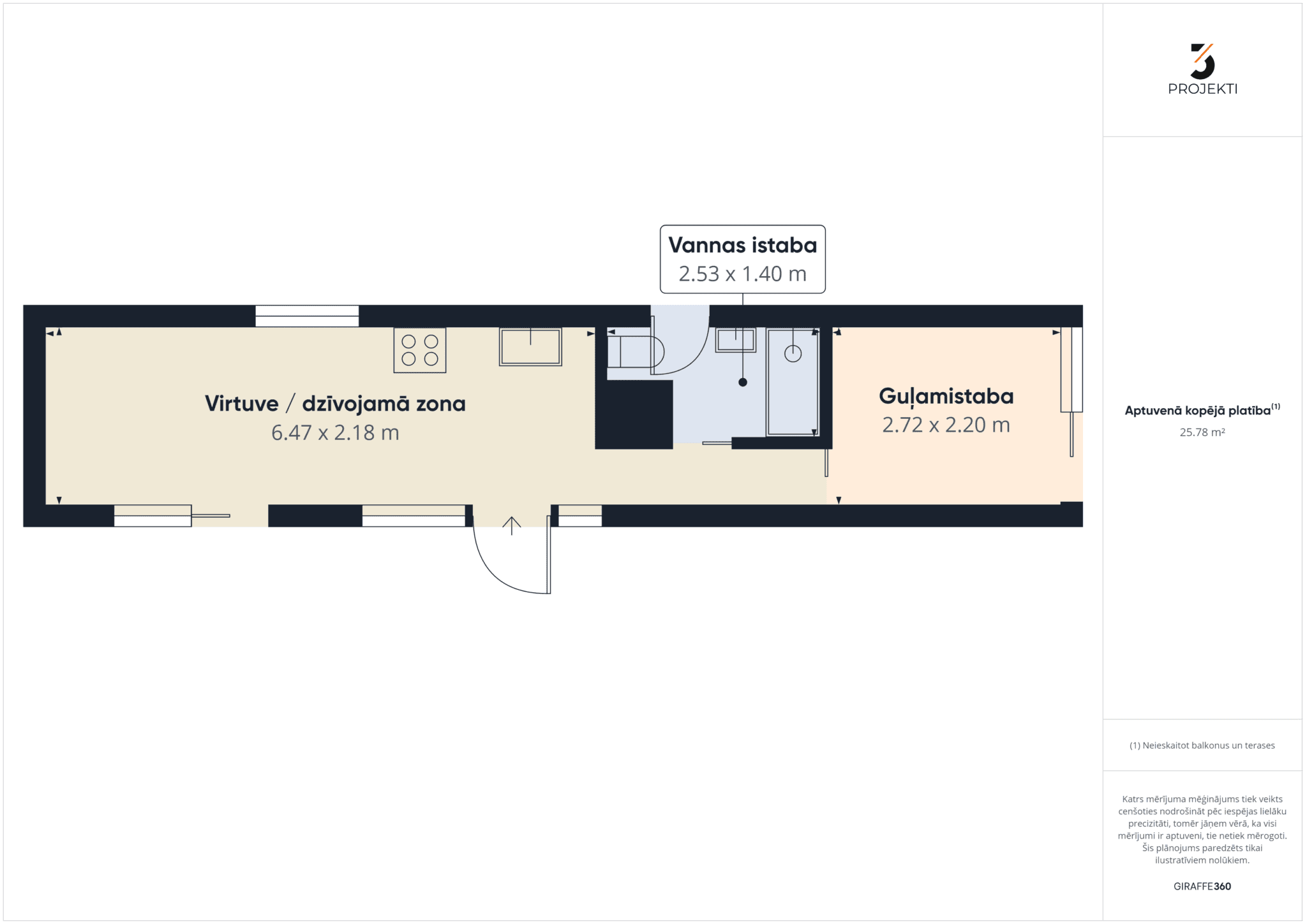 Detalizēts 2D plāns, kas parāda kompaktas virtuves, dzīvojamās zonas un guļamistabas izmērus. Kvalitatīva nekustamā īpašuma vizualizācija.