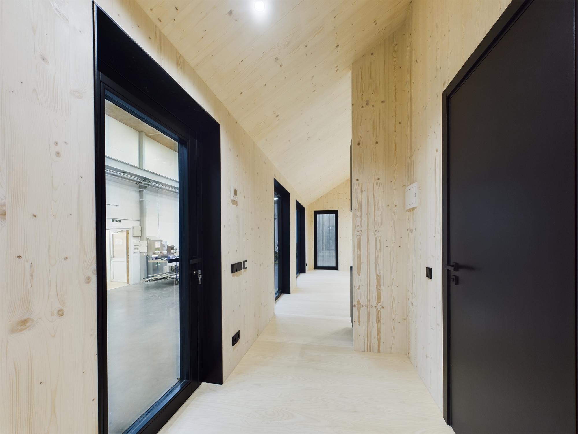 Mūsdienīgs koridors ar gaišiem koka paneļiem. Tīra līniju estētika un dabīga gaisma. Kvalitatīva moduļu mājas fotogrāfija.