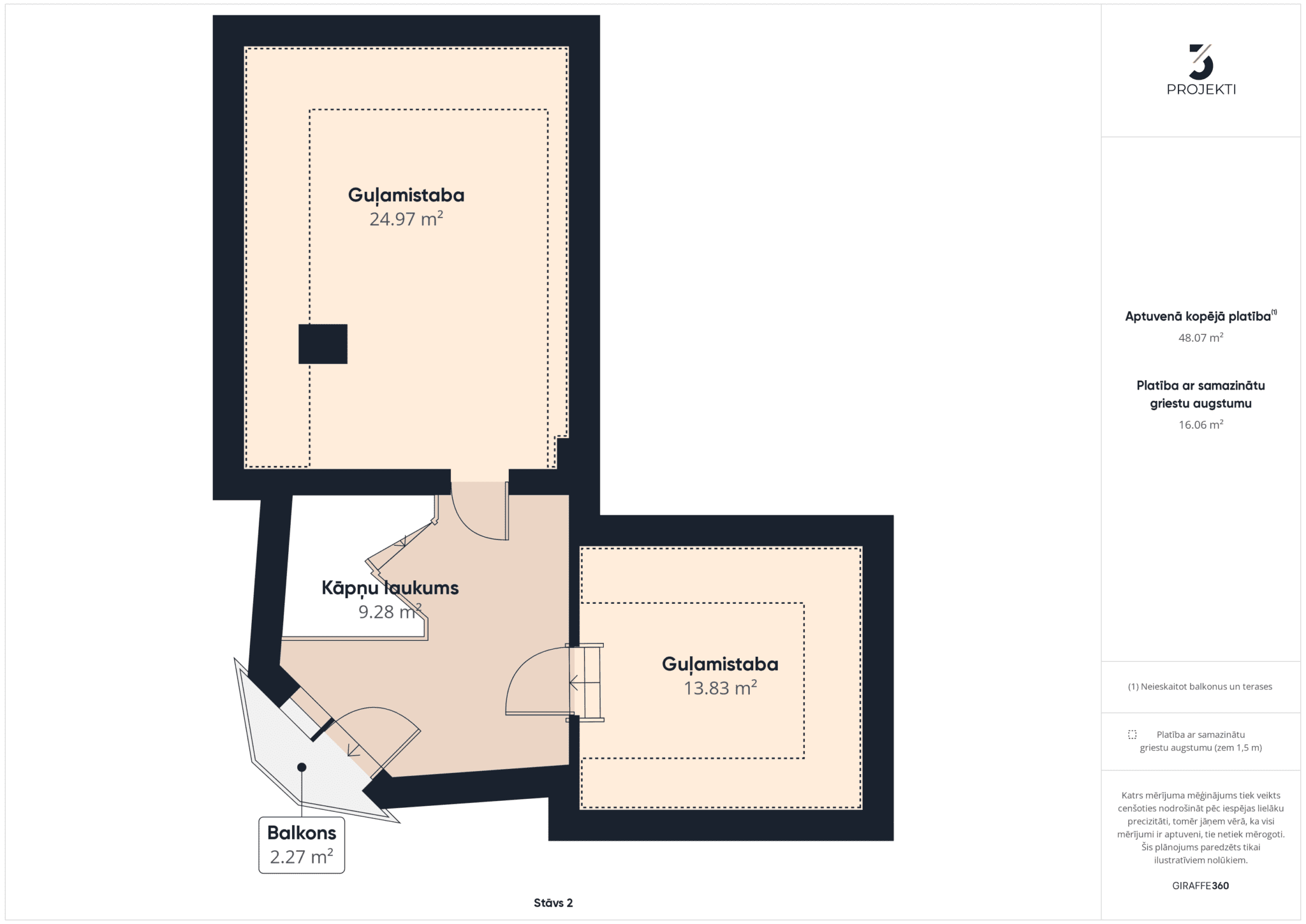 Kvalitatīvs 2D plāns ar telpu nosaukumiem (Guļamistaba, Balkons) un platības aprēķinu – nekustamā īpašuma fotogrāfijas