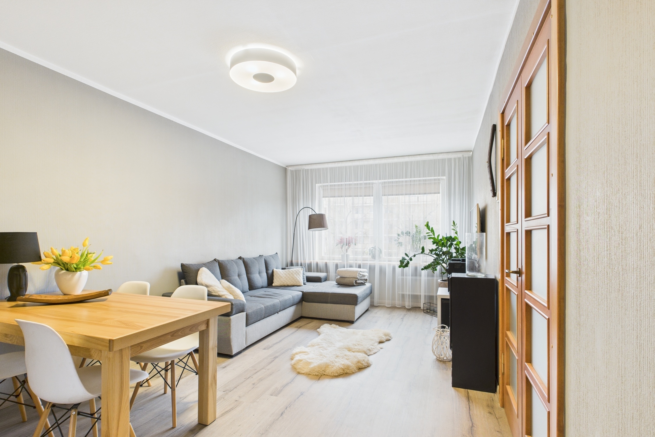 Kvalitatīva interjera fotogrāfija: Mājīga viesistaba ar atvērto plānojumu un dīvānu – nekustamā īpašuma fotogrāfijas